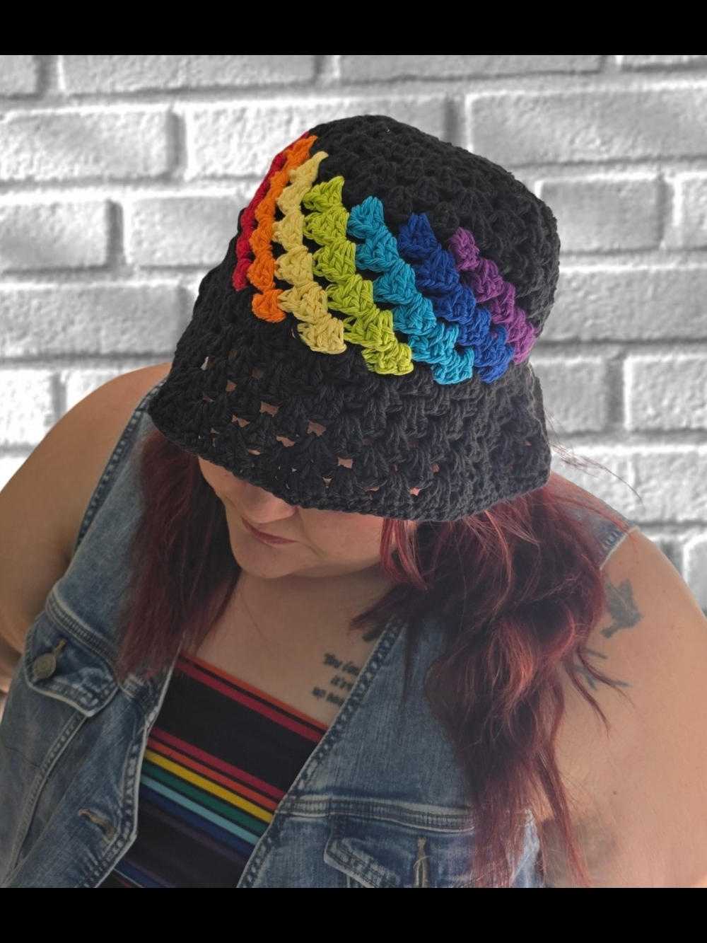 Handmade Black Crochet Bucket Hat with Rainbow Accent - Picture 1 of 2
